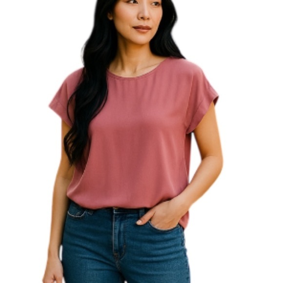 Suzy Shier Dusty Pink Rose Cap Sleeve Boxy Blouse Keyhole Back Round Neck Size L - Picture 1 of 12